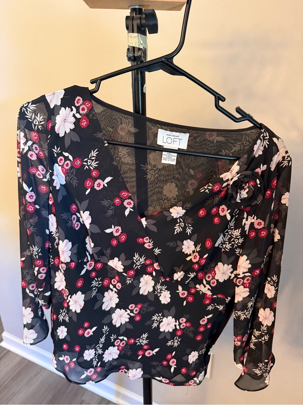 LOFT Black Floral Long Sleeve V-Neck Blouse